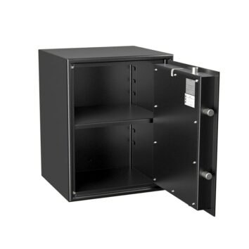 Petit coffre-fort anti-effraction HT 60 noir, porte ouverte, deux étagères internes visibles.