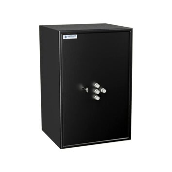 Petit coffre-fort noir HT 70 anti-effraction avec serrure à clé et quatre verrous sécurisés.