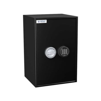 Petit coffre-fort anti-effraction HT 70, noir, avec serrure à combinaison électronique et bouton rotatif.