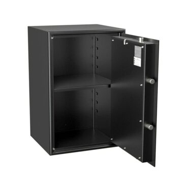 Petit coffre-fort anti-effraction HT 70 ouvert, montrant deux étagères intérieures. Design robuste et sécurité renforcée.