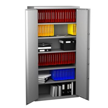 Armoire forte anti-feu Prima Fire 700, conforme à la norme DIN 4102, avec dossiers rangés.