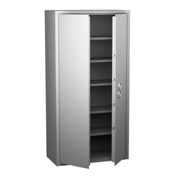 Armoire forte Anti-Feu Prima Fire 700, norme DIN 4102, avec portes ouvertes et étagères visibles.