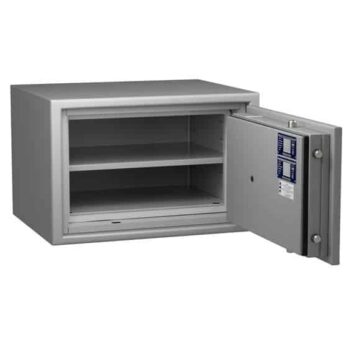 Coffre-fort ignifuge Protect Duo 1054, classe 1, capacité 25000€, 60 min pour documents papier, porte ouverte montrant deux étagères.