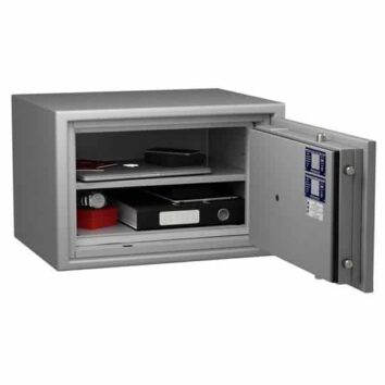 Coffre-fort ignifuge 60 min, Protect Duo 1054, idéal pour documents papier, classe 1/TABAC VA 25000€, ouvert avec contenu visible.