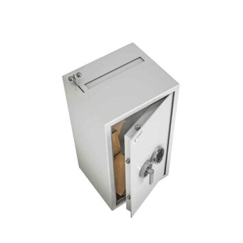 Coffre-fort de dépôt SE 901 ouvert, montrant une fente de dépôt et un système de verrouillage sécurisé.