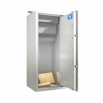 Coffre-fort de dépôt SE 902 ouvert avec documents à l'intérieur, montrant des compartiments sécurisés pour le stockage.