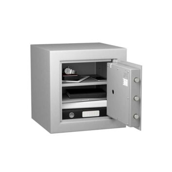 Coffre-fort Vulcain 40 ouvert, montrant des compartiments pour documents et objets de valeur, conforme à la norme VDMA niveau B, anti-feu et anti-effraction.