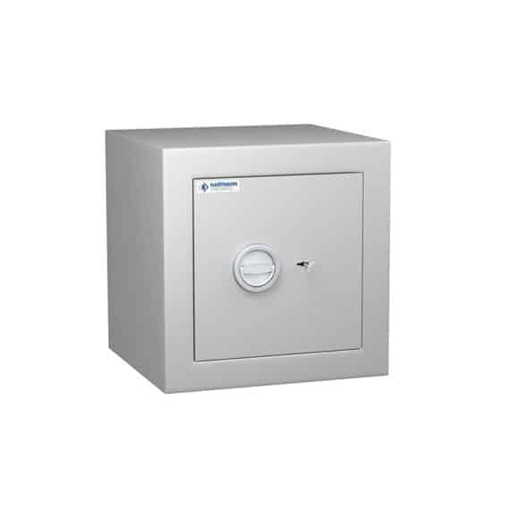 Coffre-fort Vulcain 40, anti-feu et anti-effraction, conforme à la norme VDMA niveau B. Design robuste, serrure sécurisée.