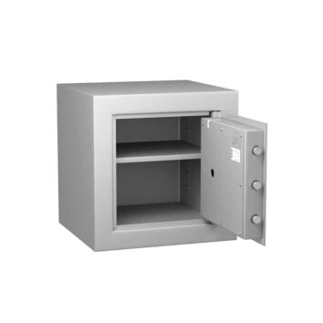 Coffre-fort Vulcain 40, anti-feu et anti-effraction, norme VDMA niveau B, porte ouverte révélant deux étagères.