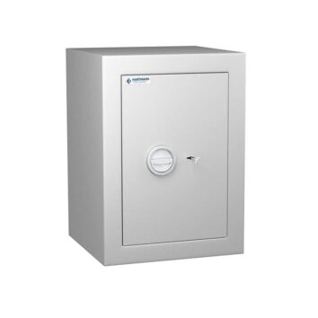 Coffre-fort Vulcain 60, norme VDMA niveau B, anti-feu et anti-effraction, couleur grise, vue de face avec serrure.