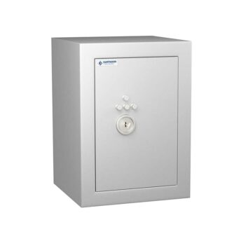 Coffre-fort Vulcain 60, anti-feu et anti-effraction, norme VDMA niveau B, couleur grise avec serrure centrale.