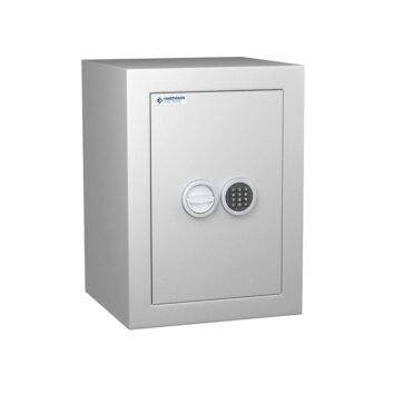 Coffre-fort Vulcain 60, anti-feu et anti-effraction, norme VDMA niveau B, couleur grise, avec serrure électronique.