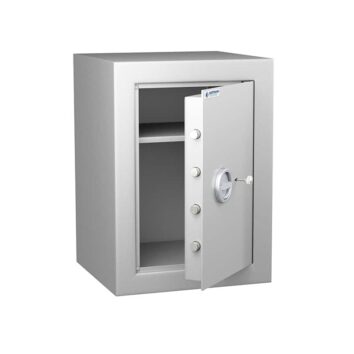 Coffre-fort Vulcain 60 ouvert, anti-feu et anti-effraction, norme VDMA niveau B, avec étagère intérieure, couleur grise.