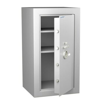 Coffre-fort Vulcain 80 anti-feu et anti-effraction, norme VDMA niveau B, porte ouverte montrant des étagères.