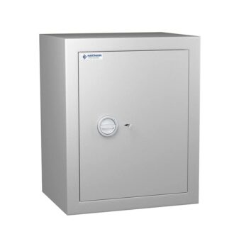 Coffre-fort Vulcain 130, anti-feu et anti-effraction, norme VDMA niveau B, couleur grise, serrure à clé robuste.