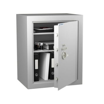 Coffre-fort Vulcain 130 ouvert, montrant des dossiers et appareils sécurisés. Norme VDMA niveau B, anti-feu et anti-effraction.