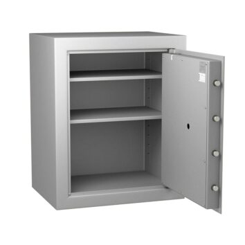 Coffre-fort Vulcain 130, anti-feu et anti-effraction, norme VDMA niveau B, ouvert avec trois étagères visibles.