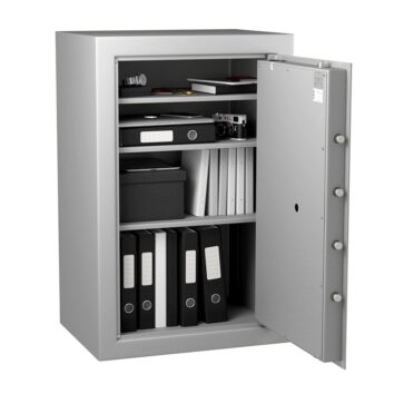 Coffre-fort Vulcain 170, anti-feu et anti-effraction, norme VDMA niveau B, avec dossiers et objets à l'intérieur.