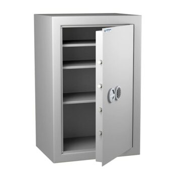 Coffre-fort Vulcain 170 anti-feu et anti-effraction, norme VDMA niveau B, porte ouverte, avec étagères.