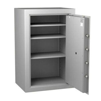 Coffre-fort Vulcain 170, anti-feu et anti-effraction, norme VDMA niveau B, avec porte ouverte et quatre étagères visibles.