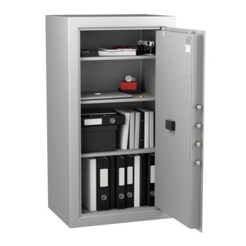 Coffre-fort Vulcain 200, norme VDMA niveau B, anti-feu et anti-effraction, avec étagères remplies de classeurs et documents.