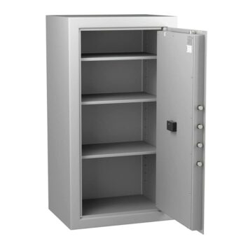 Coffre-fort Vulcain 200 ouvert, norme VDMA niveau B, avec quatre étagères pour protection anti-feu et anti-effraction.