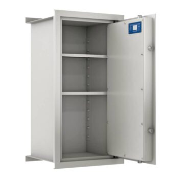 Coffre-fort ignifuge 2h à emmurer WB6, porte ouverte, 3 étagères visibles.