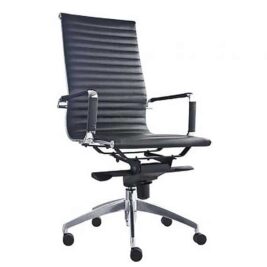 Chaise de bureau opérateur WILLPRO en cuir noir avec accoudoirs métalliques et base à roulettes. Design moderne et ergonomique.