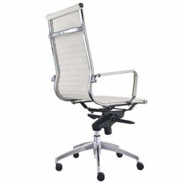 Siège de bureau opérateur WILLPRO en cuir blanc avec accoudoirs, base en métal chromé et roulettes.