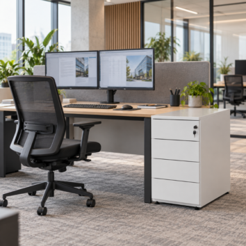 Caisson hauteur bureau 4 tiroirs en métal intégré à un poste de travail professionnel moderne
