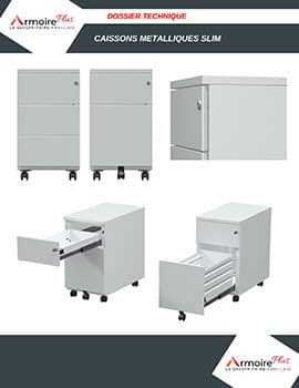 Caisson mobile slim à 3 tiroirs avec dessus en métal, présenté sous différents angles, sur roulettes.