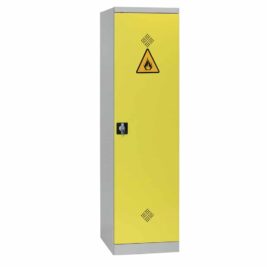 Armoire haute de sécurité jaune ASURE Haute 50 pour produits dangereux avec symbole inflammable.