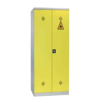 Armoire de sécurité ignifuge Asureh90min pour produits chimiques, jaune, double porte, capacité optimale, vue de face. Sécurisez votre espace professionnel efficacement.