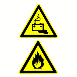 Avertissement pour stockage de batteries lithium inflammables avec symbole de batterie qui fuit et feu.