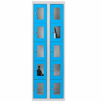 Vestiaire multicases à 10 casiers ESSENTIEL avec portes en plexiglass bleu, idéal pour rangement sécurisé.