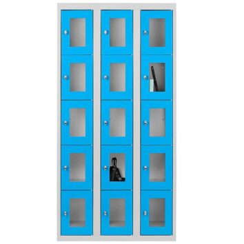 Vestiaire multicases avec 15 casiers, portes plexiglass bleu, modèle ESSENTIEL, L90. Idéal pour rangement sécurisé.