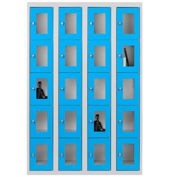 Vestiaire multicases avec 20 casiers ESSENTIEL en plexiglass bleu, idéal pour rangement sécurisé.