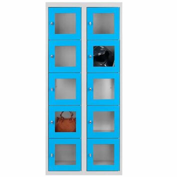 Vestiaire multicases avec 10 casiers bleu et plexiglass, idéal pour sécuriser et organiser les effets personnels.
