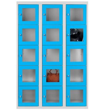 Vestiaire multicases avec 15 casiers en plexiglass bleu, modèle essentiel L120, portes fermées.