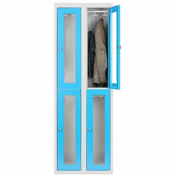 Vestiaire multicases à 4 casiers en plexiglas bleu, idéal pour ranger manteaux et vêtements.