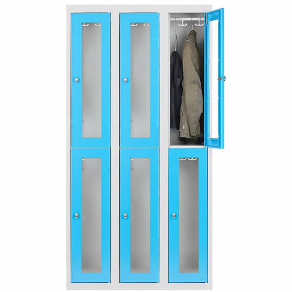 Vestiaire multicases à 6 casiers, portes en plexiglass bleu, un casier ouvert avec manteau suspendu.