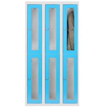 Vestiaire multicases bleu avec 6 casiers et portes en plexiglass, idéal pour le rangement sécurisé.