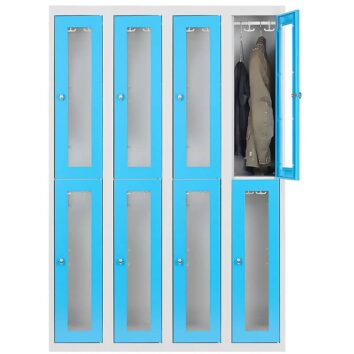 Vestiaire multicases bleu avec 8 casiers en plexiglass, porte ouverte montrant un manteau suspendu.