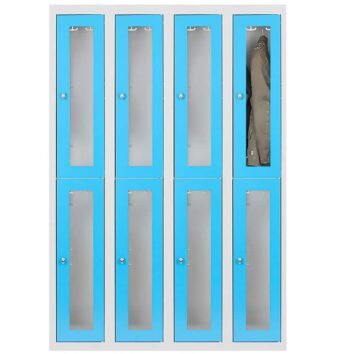 Vestiaire multicases avec 8 casiers ESSENTIEL PLEXIGLASS, portes bleues, idéal pour rangement sécurisé.