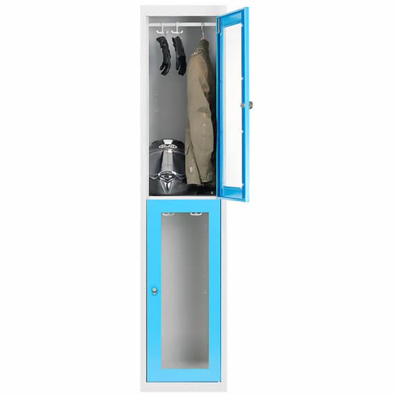 Vestiaire multicases bleu à 2 casiers, avec porte en plexiglass. Idéal pour un rangement sécurisé.