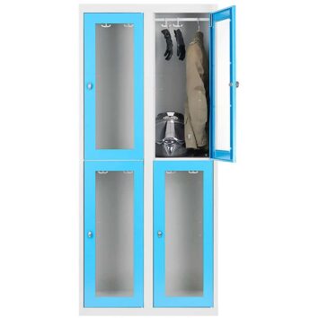 Vestiaire multicases bleu avec 4 casiers en plexiglass, contenant une veste et un casque.