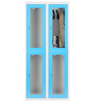 Vestiaire multicases bleu avec 4 casiers en plexiglass, parfait pour le rangement sécurisé et esthétique.