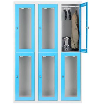 Vestiaire multicases bleu à 6 casiers ESSENTIEL avec portes plexiglass, un casier ouvert montrant un casque et un vêtement.