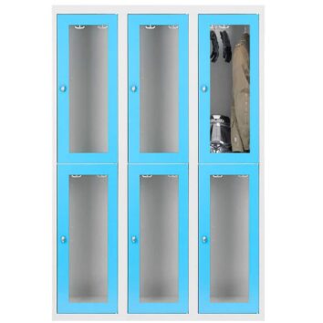 Vestiaire multicases avec 6 casiers, portes en plexiglass bleu, idéal pour un rangement sécurisé.