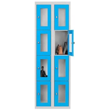 Vestiaire multicases avec 8 casiers en plexiglass bleu, idéal pour le rangement sécurisé en milieu professionnel.